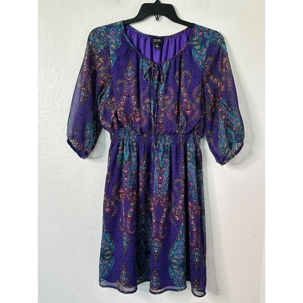 Nicole By Nicole Miller Purple Paisley Dress Size‎ 14 Sheer 3/4 Sleeves Lined